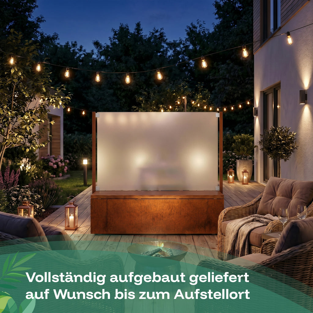 Sichtschutz-Sitzbank aus Corten, vollständig aufgebaut, geliefert. Auf Wunsch auch bis zum Aufstellort.