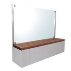 Sitzbank aus Holz mit Edelstahl Kasten mit Glasscheibe milchig oder klar als Sichtschutz und Windschutz