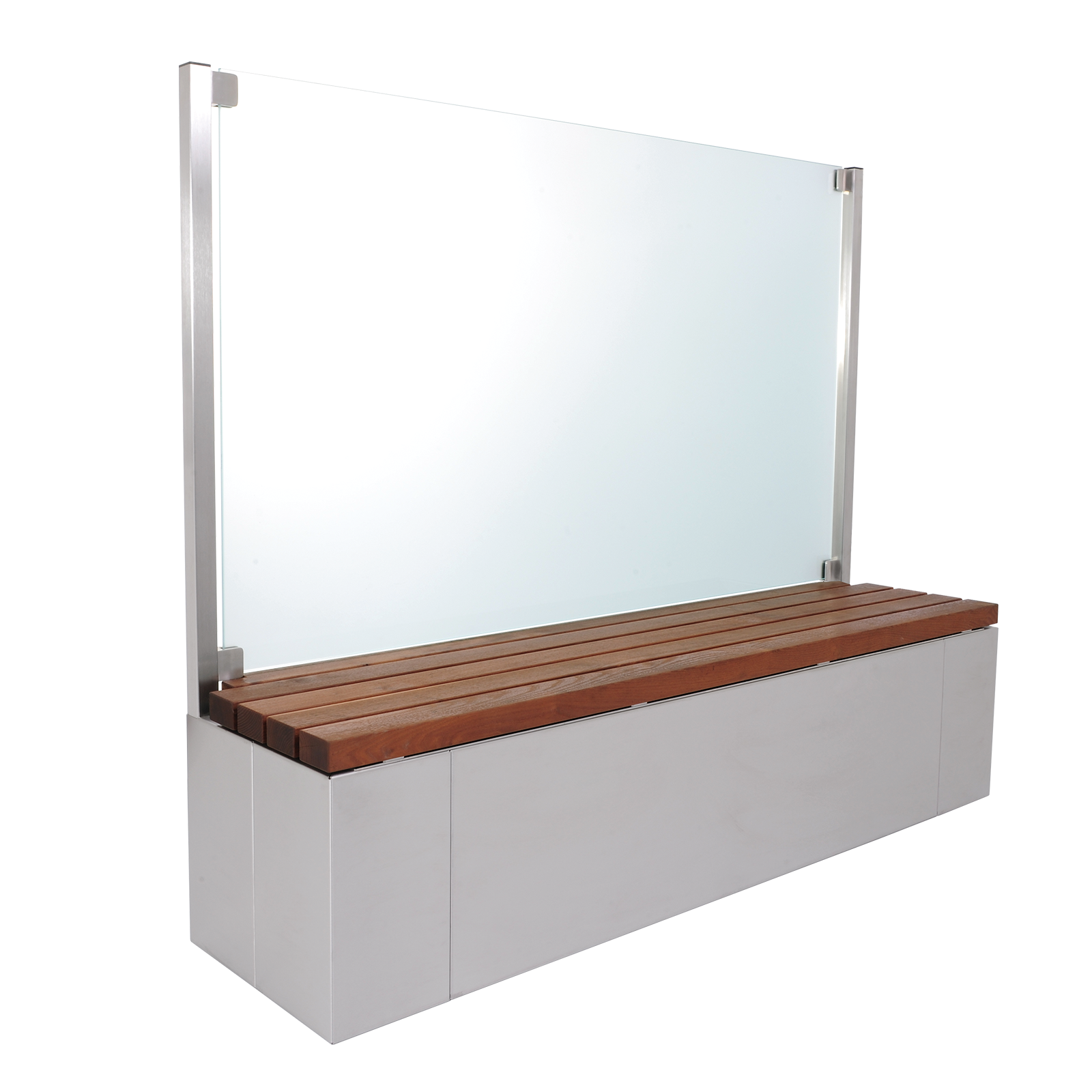 Sitzbank aus Holz mit Edelstahl Kasten mit Glasscheibe milchig oder klar als Sichtschutz und Windschutz