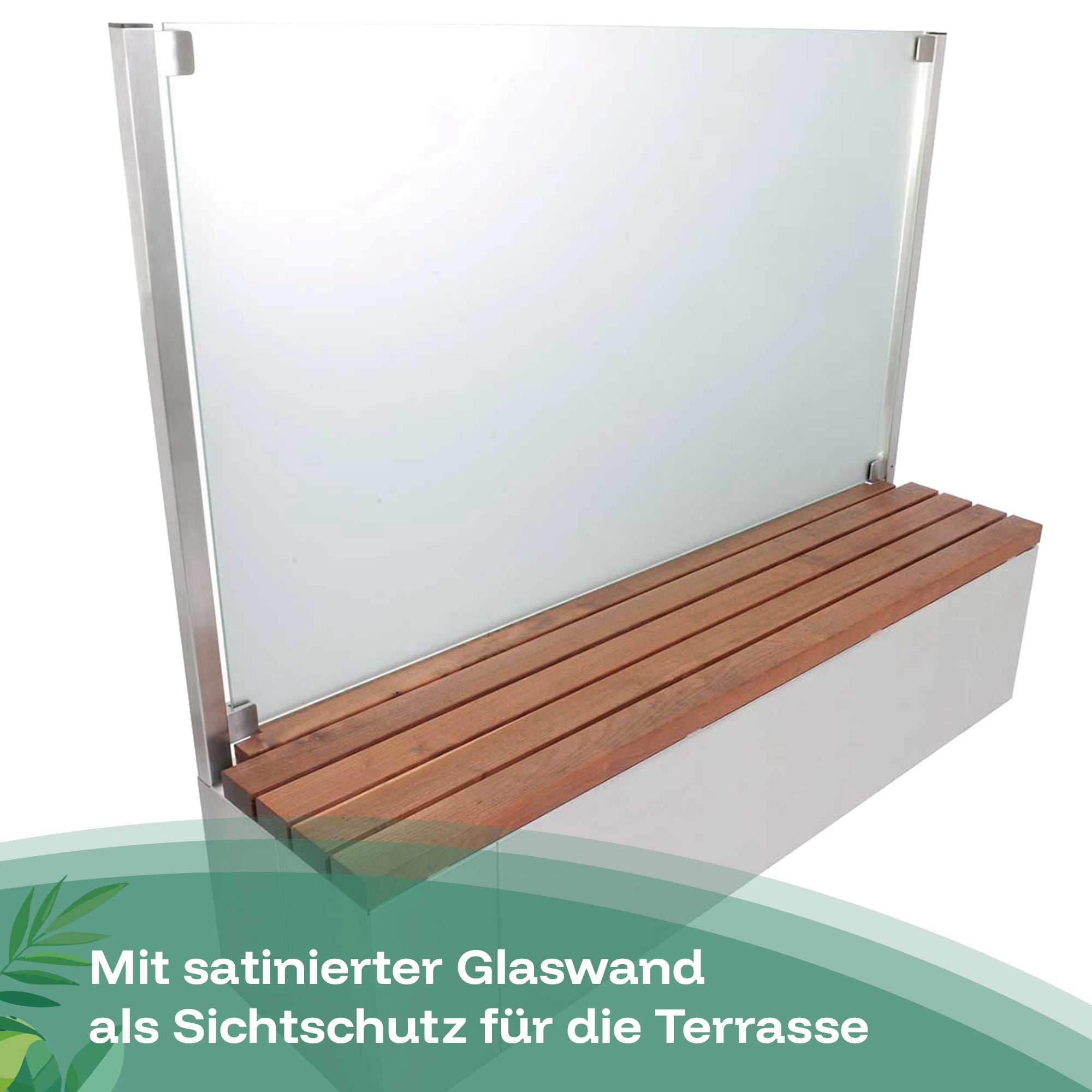 Sichtschutz-Sitzbank aus Edelstahl mit satinierter Glaswand als Sichtschutz für die Terrasse