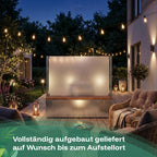 Die Sichtschutz-Sitzbank aus Edelstahl wird vollständig aufgebaut geliefert, auf Wunsch auch bis zum Aufstellort wie z. B. die Terrasse.