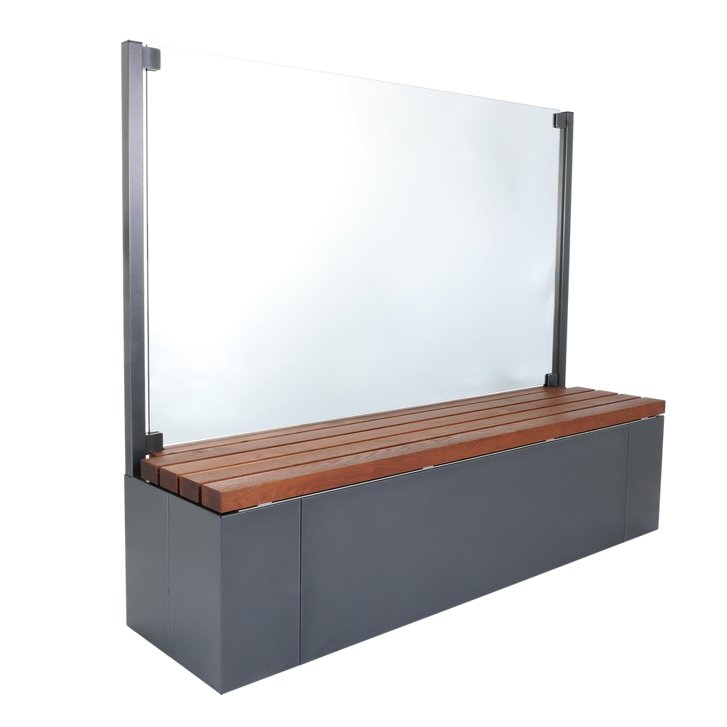 Sichtschutz aus Aluminium mit Glasscheibe mit Holz Sitzbank inklusive Windschutz