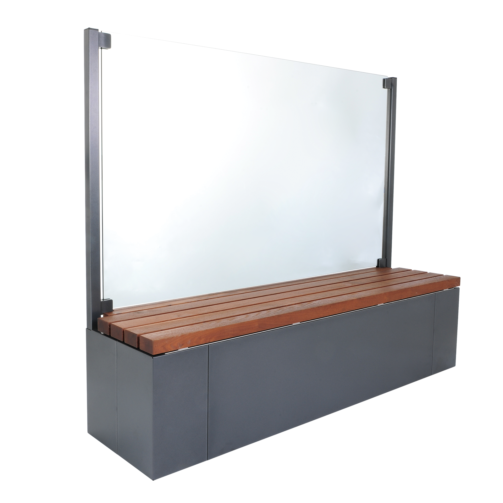 Sichtschutz aus Aluminium mit Glasscheibe mit Holz Sitzbank inklusive Windschutz