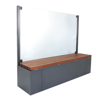 Sichtschutz aus Aluminium mit Glasscheibe mit Holz Sitzbank inklusive Windschutz
