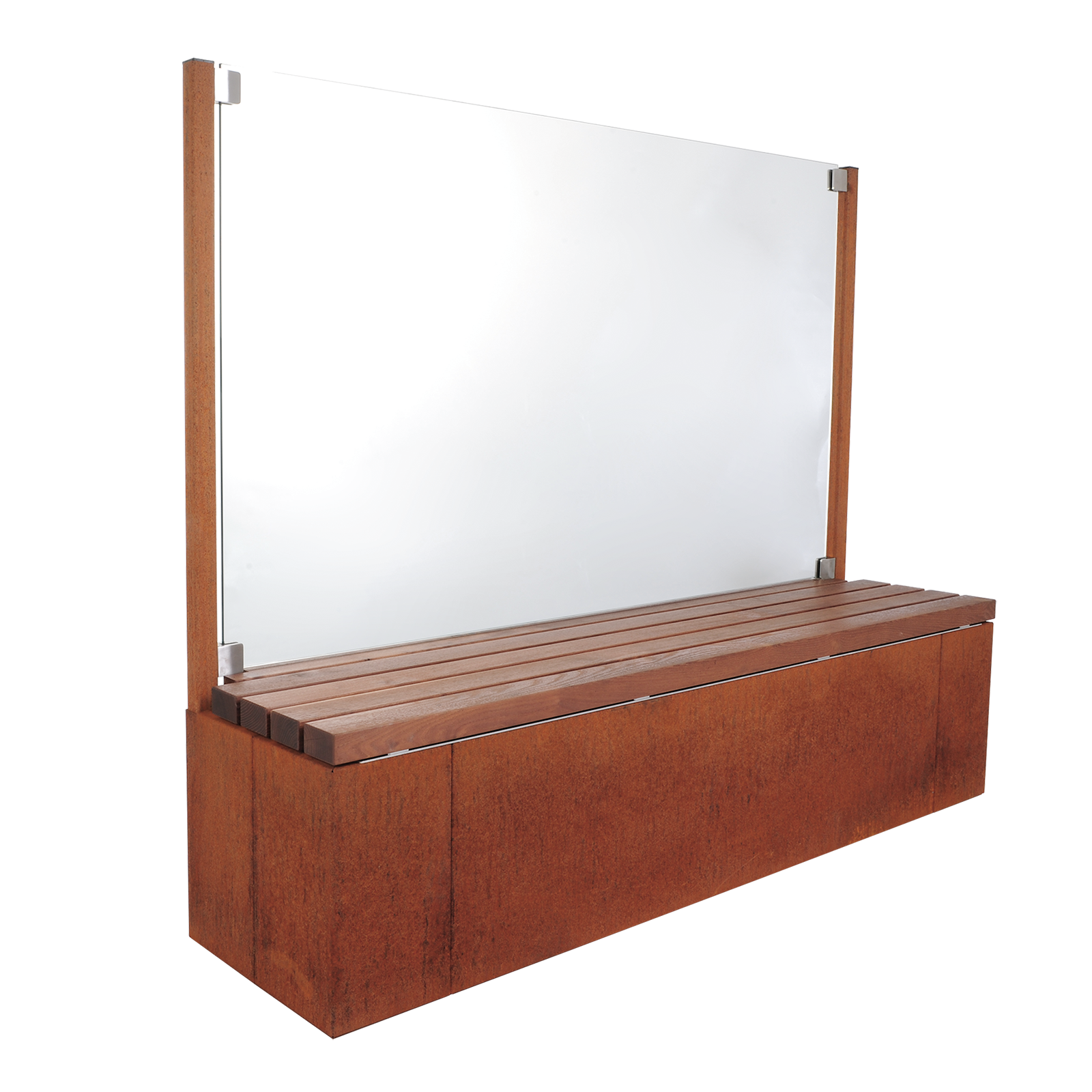 Sitzbank aus Holz mit Windschutz oder Sichtschutz aus Cortenstahl mit Glasscheibe außen