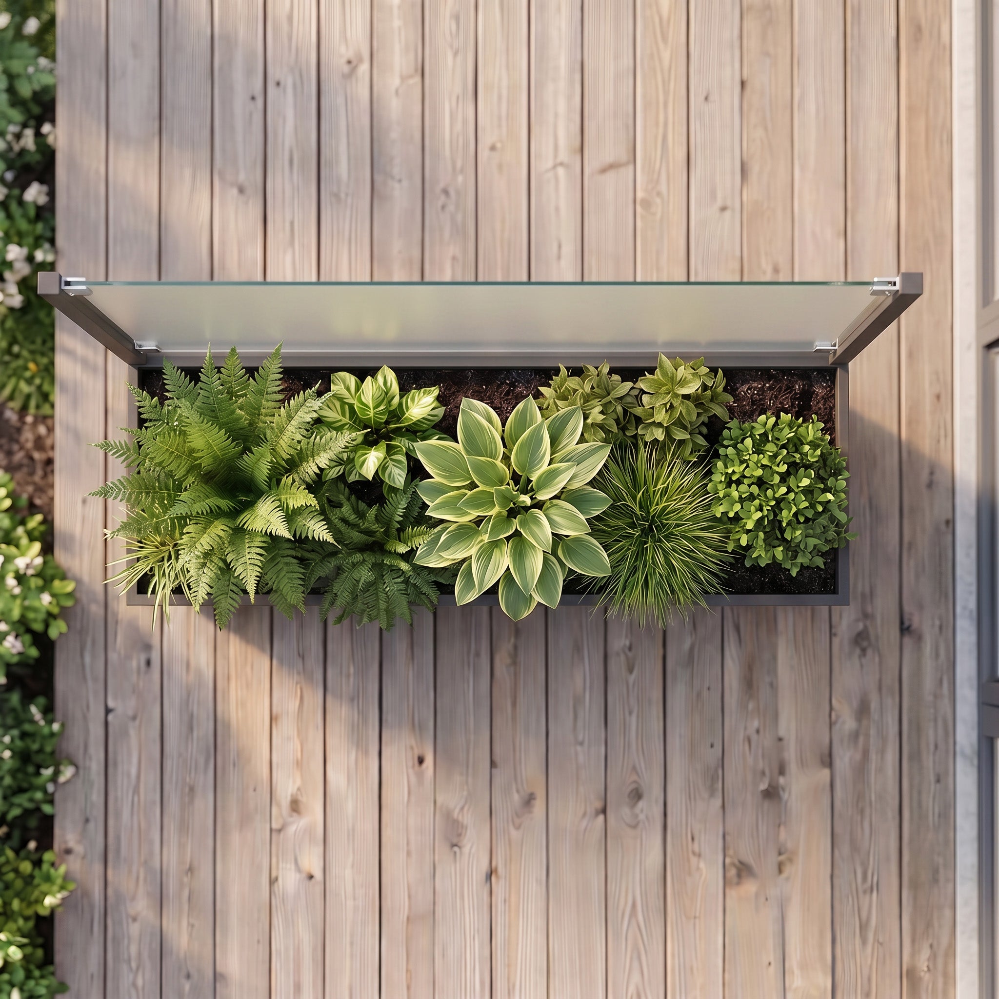 Ansicht von oben auf den Sichtschutz-Pflanzkasten aus Aluminium in Anthrazit für moderne Terrassen oder Gärten