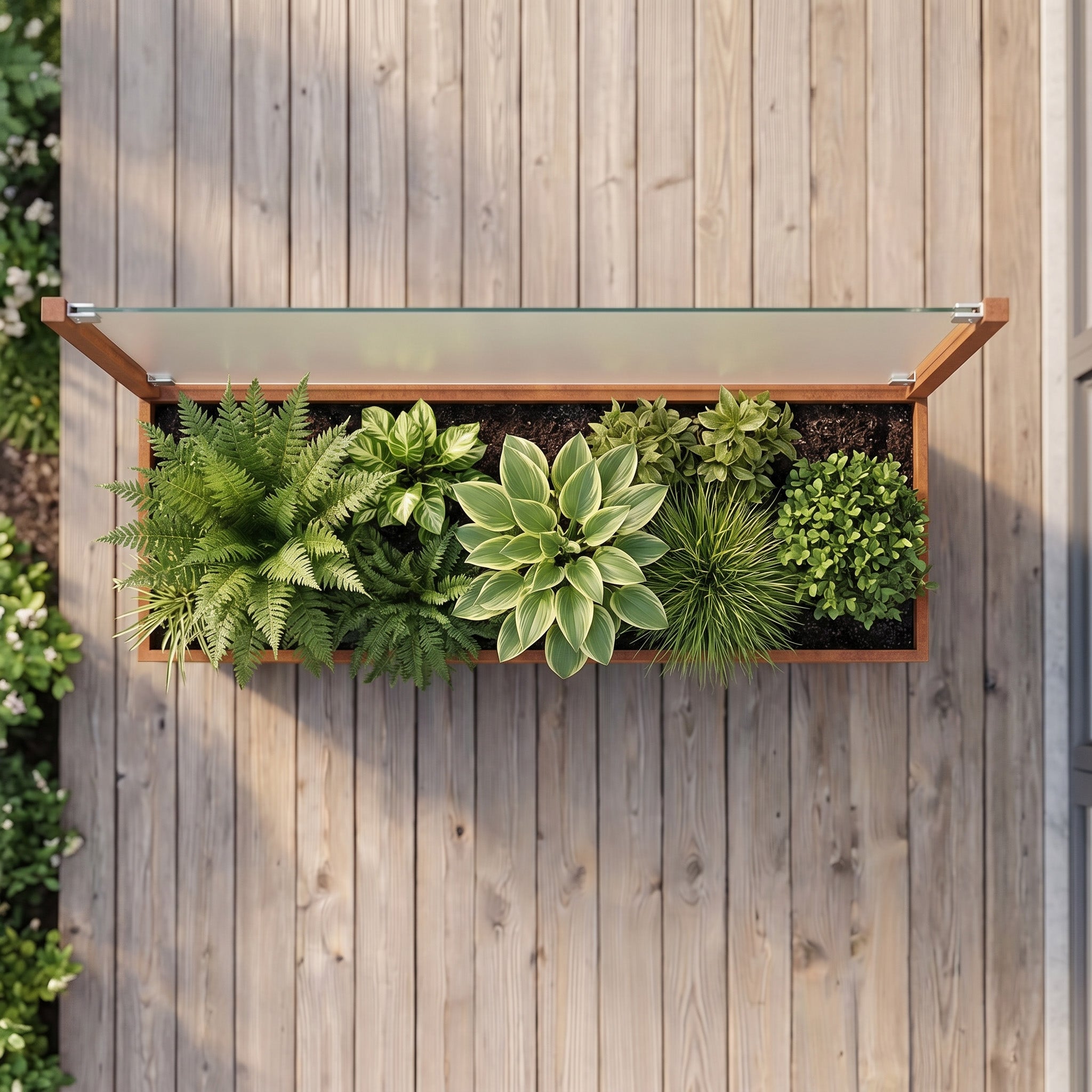 Der Sichtschutz-Pflanzkasten von oben aus Cortenstahl mit grünen Pflanzen auf einer modernen Terrasse