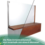 Sichtschutz-Sitzbank aus Cortenstahl, bei der sich die Rostschicht in etwa sechs Monaten entwickelt, vorher, nachher