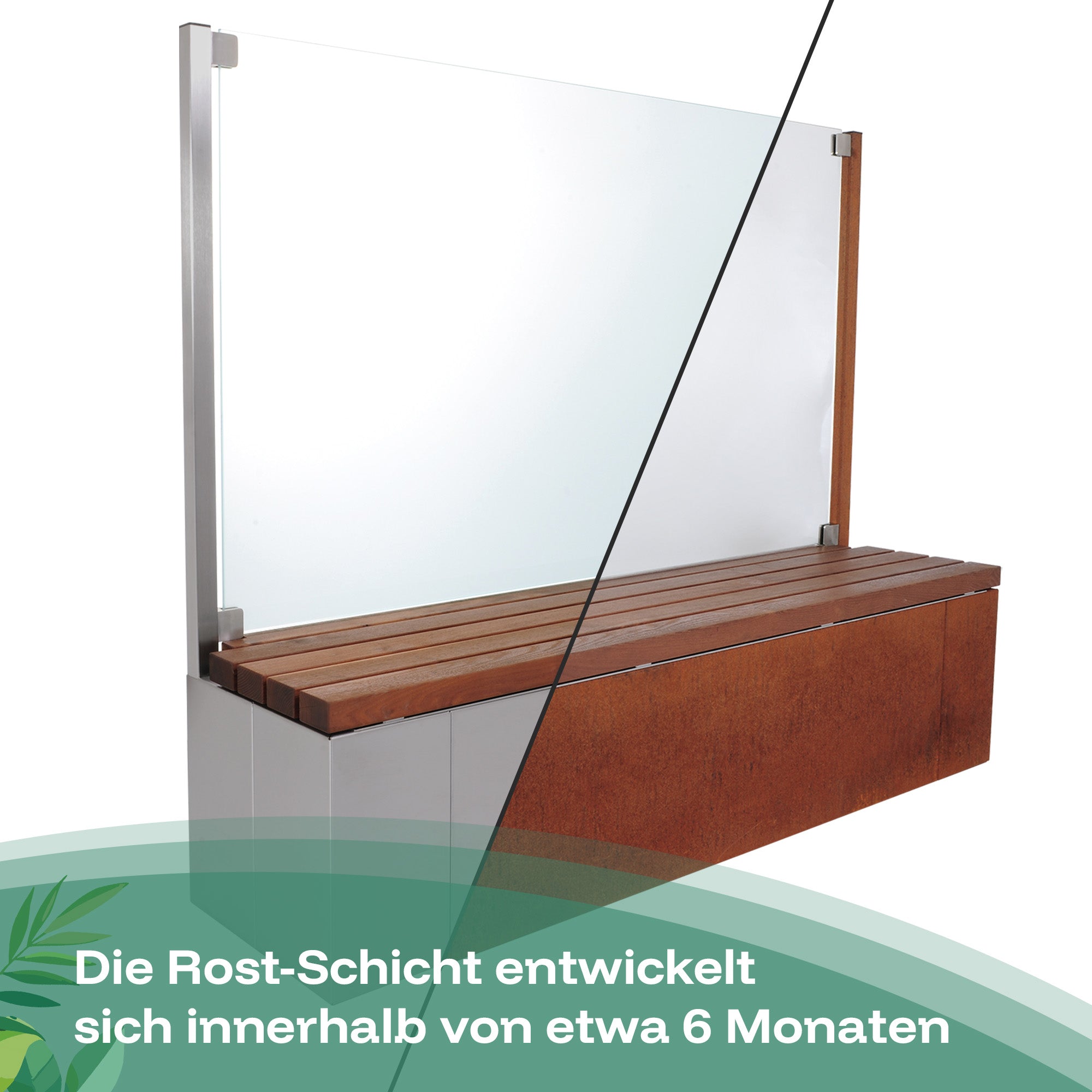 Sichtschutz-Sitzbank aus Cortenstahl, bei der sich die Rostschicht in etwa sechs Monaten entwickelt, vorher, nachher