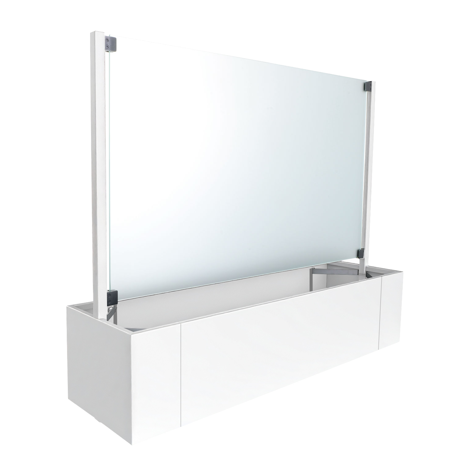 Weißer Pflanzkasten Ventus aus Aluminium mit Sichtschutz Glas mittig zum beidseitigen befüllen