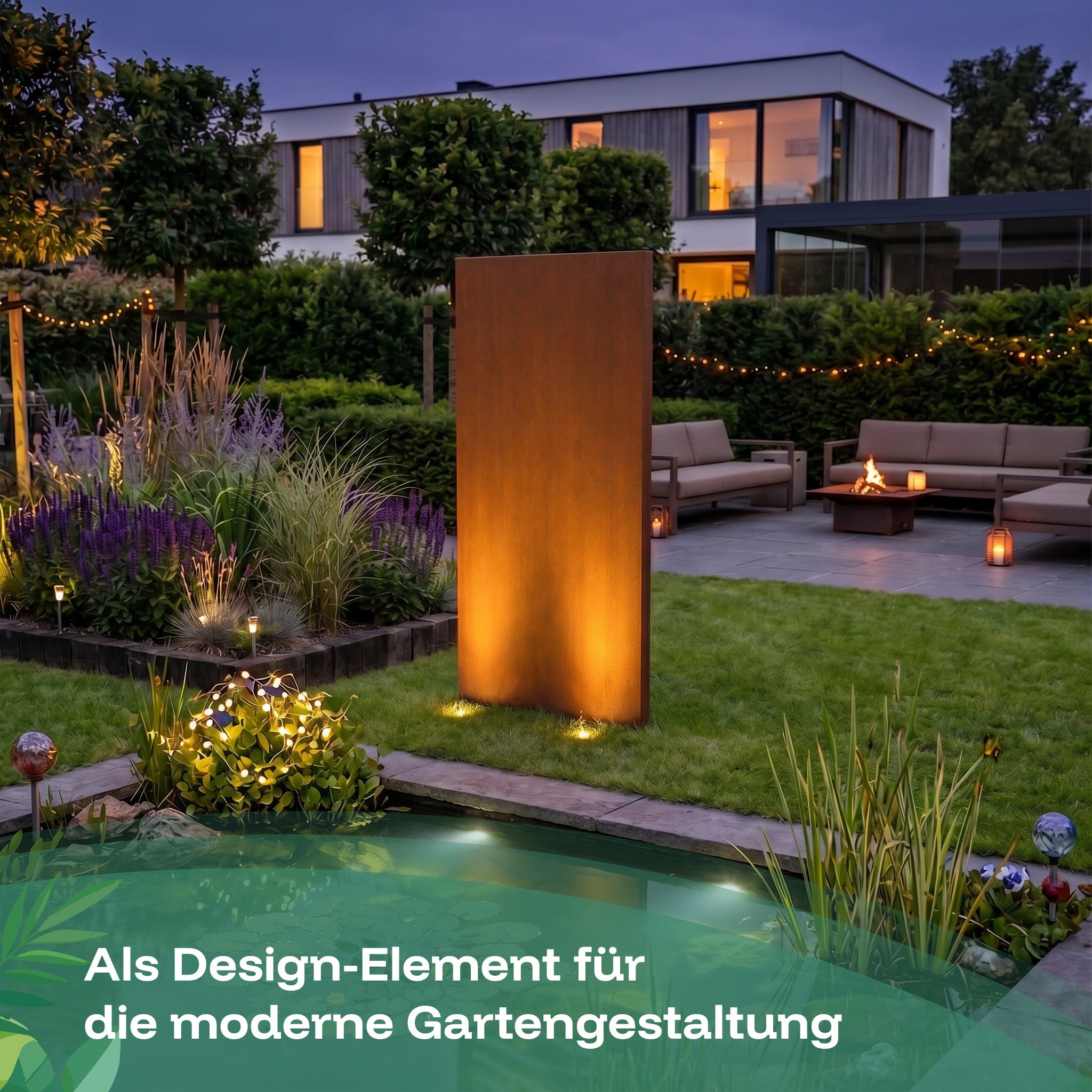 Das Corten-Panel ohne Muster kann als Sichtschutz und Design-Element im modernen Garten verbaut werden.