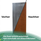 Die Rostschicht des Sichtschutzzauns aus Cortenstahl entwickelt sich innerhalb von etwa sechs Monaten.