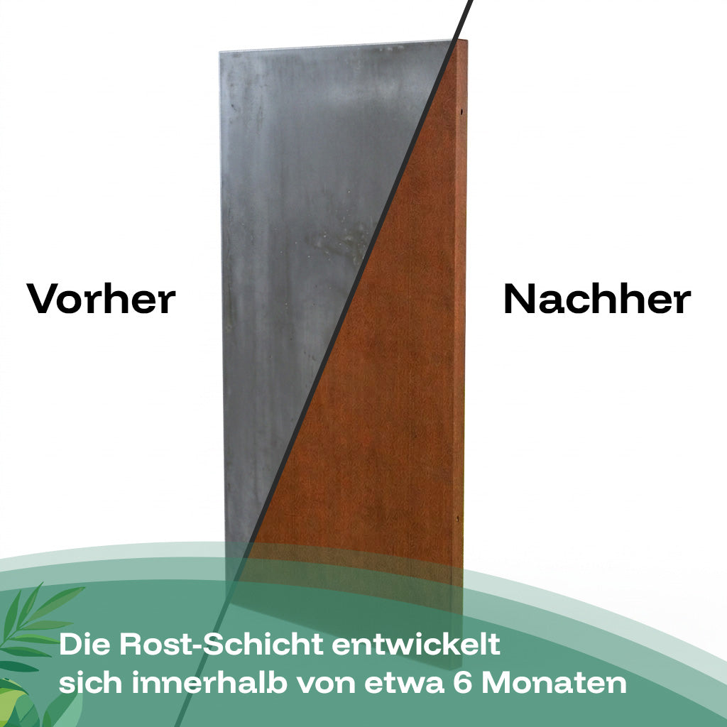 Die Rostschicht des Sichtschutzzauns aus Cortenstahl entwickelt sich innerhalb von etwa sechs Monaten.