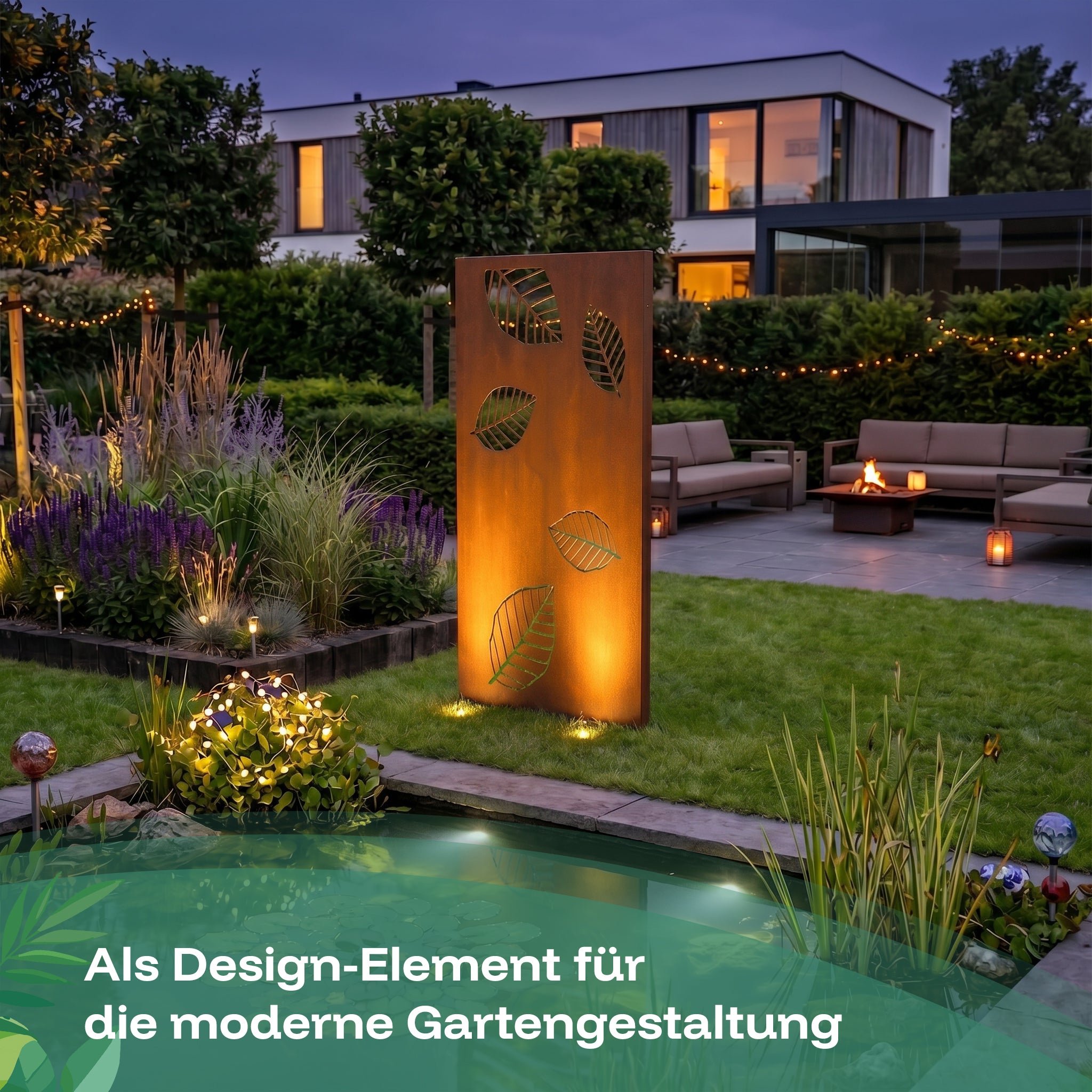 Der Sichtschutzzaun Folia mit Blattmuster dient als Design-Element für die moderne Gartengestaltung.