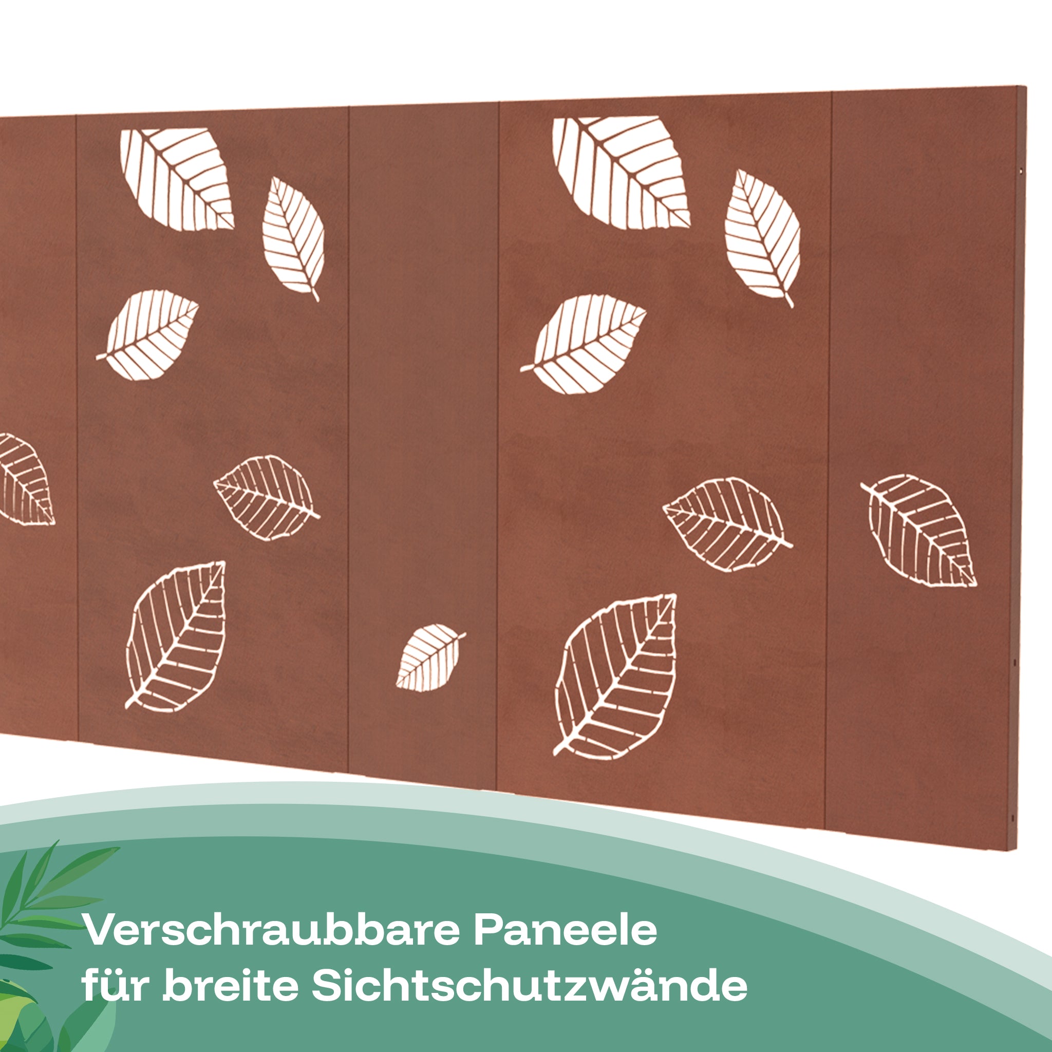 Die breiten und schmalen Corten-Paneele mit Blattmuster lassen sich miteinander verschrauben, um breite Sichtschutzwände herzustellen.