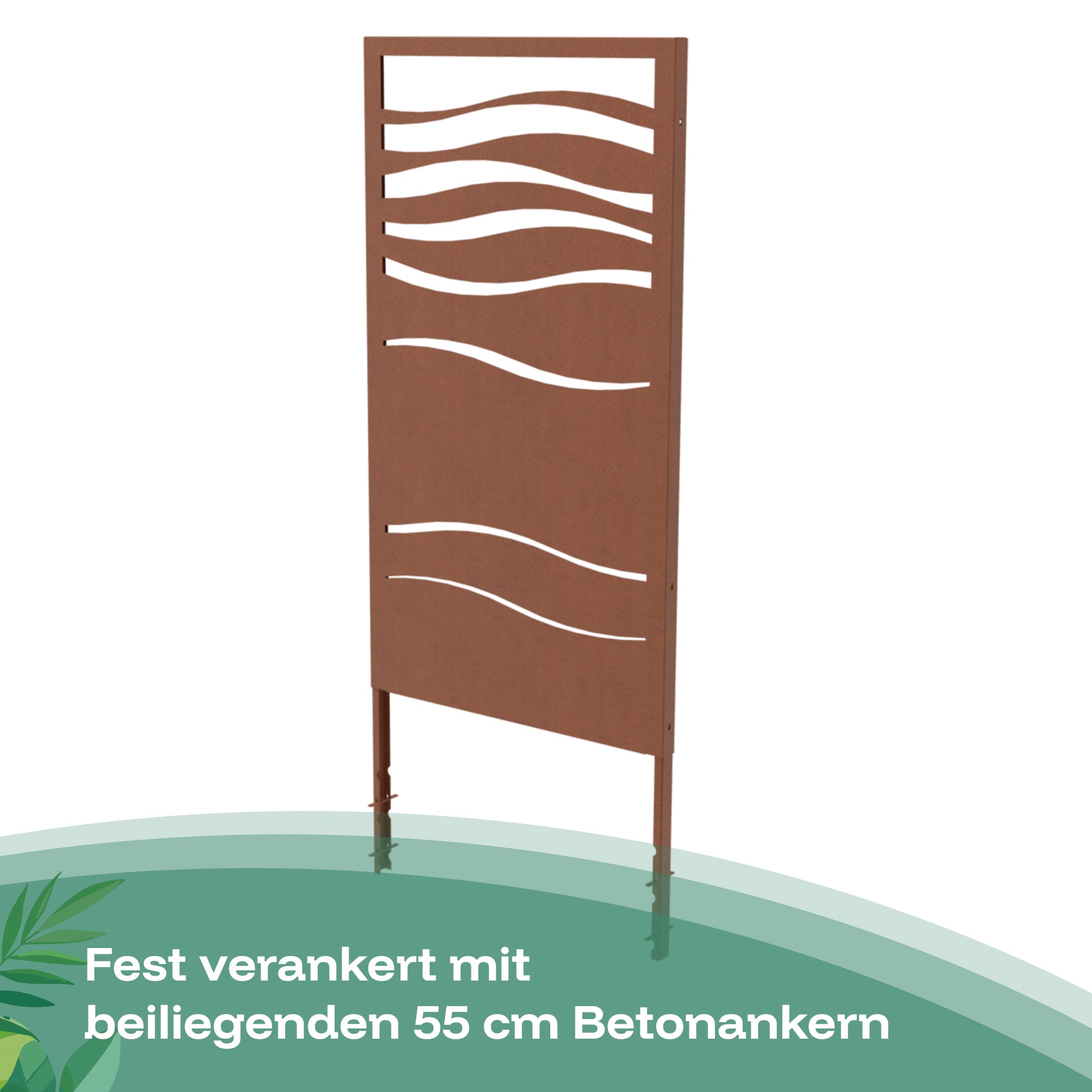 Das Corten-Panel Legato mit Wellenmuster wird fest im Boden verankert mit den Betonankern.