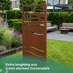Das Corten-Panel Legato mit Wellenmuster ist extra langlebig aus 2 mm starkem Cortenstahl.