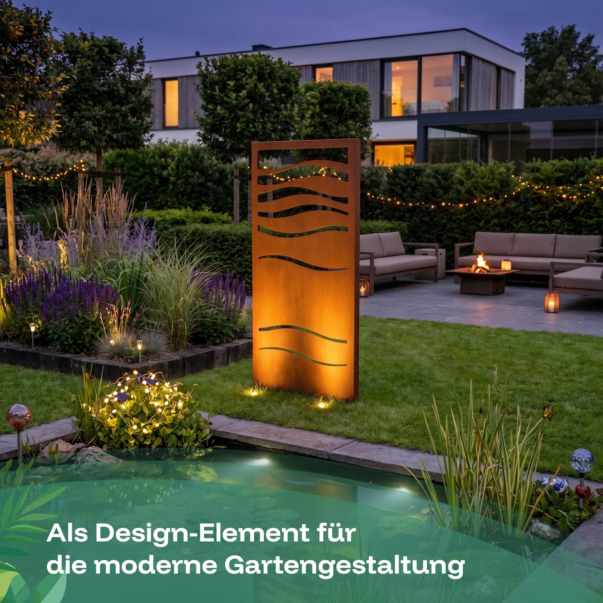 Der Sichtschutz-Zaun mit Wellenmuster aus Cortenstahl sorgt für Highlights im modernen Garten.