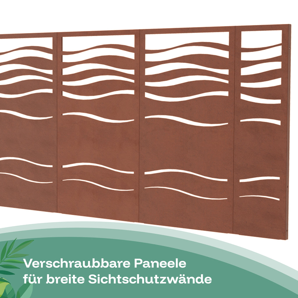 Die Sichtschutzwand aus Cortenstahl mit Wellenmuster kann miteinander verschraubt werden, um extra breite Cortenzäune zu verbinden.
