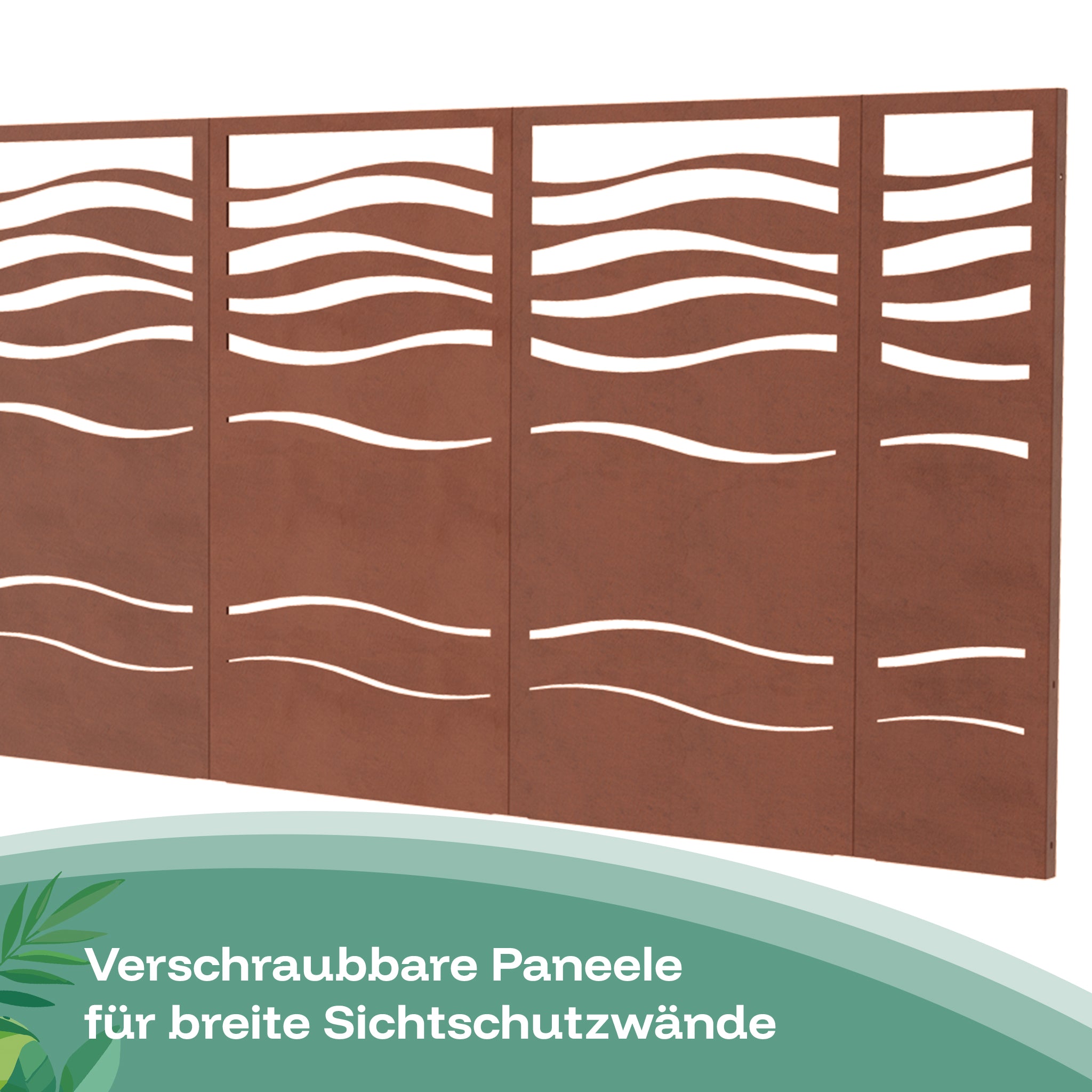 Die Sichtschutzwand aus Cortenstahl mit Wellenmuster kann miteinander verschraubt werden, um extra breite Cortenzäune zu verbinden.