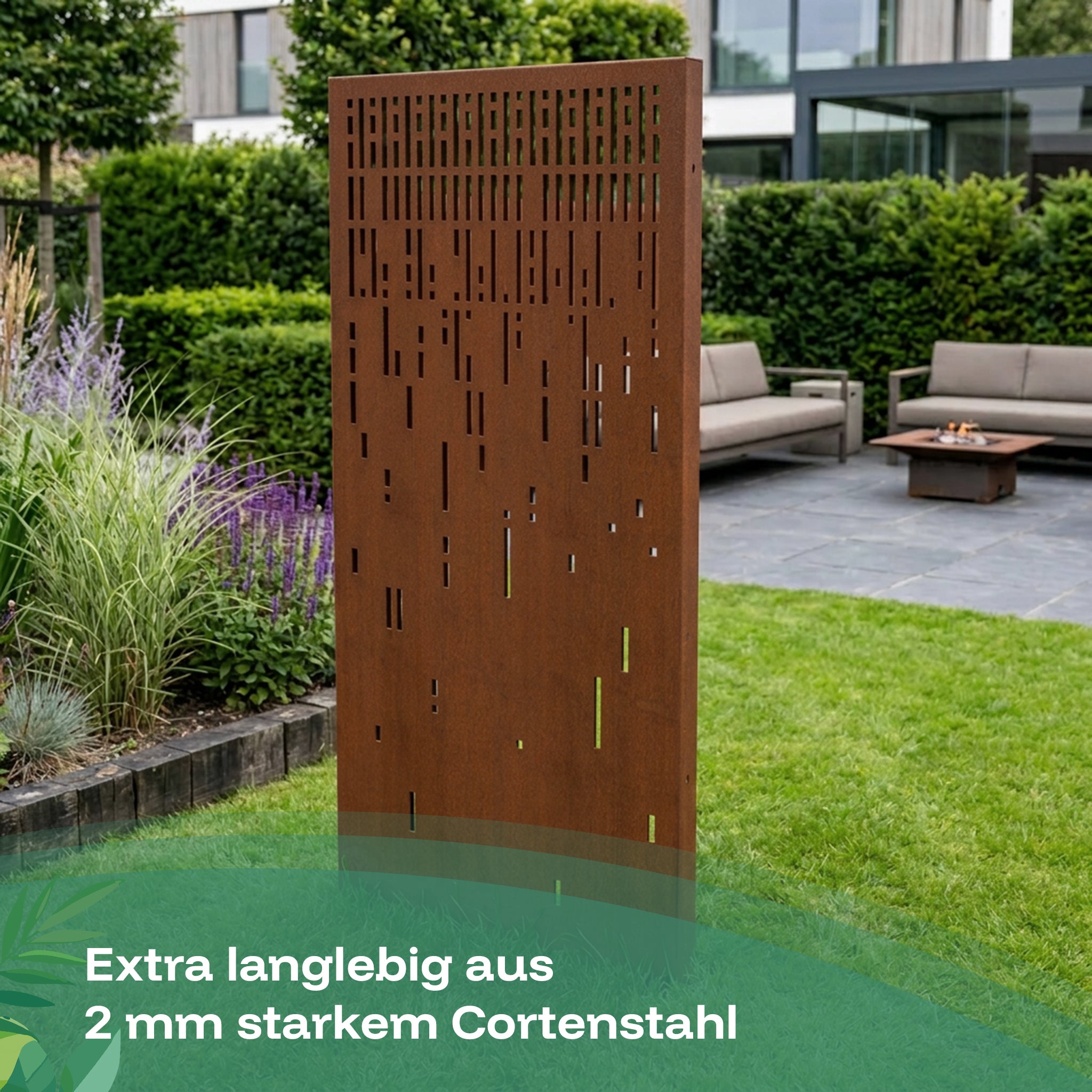 Das langlebige Sichtschutz-Zaunpanel aus Cortenstahl ist extra langlebig.