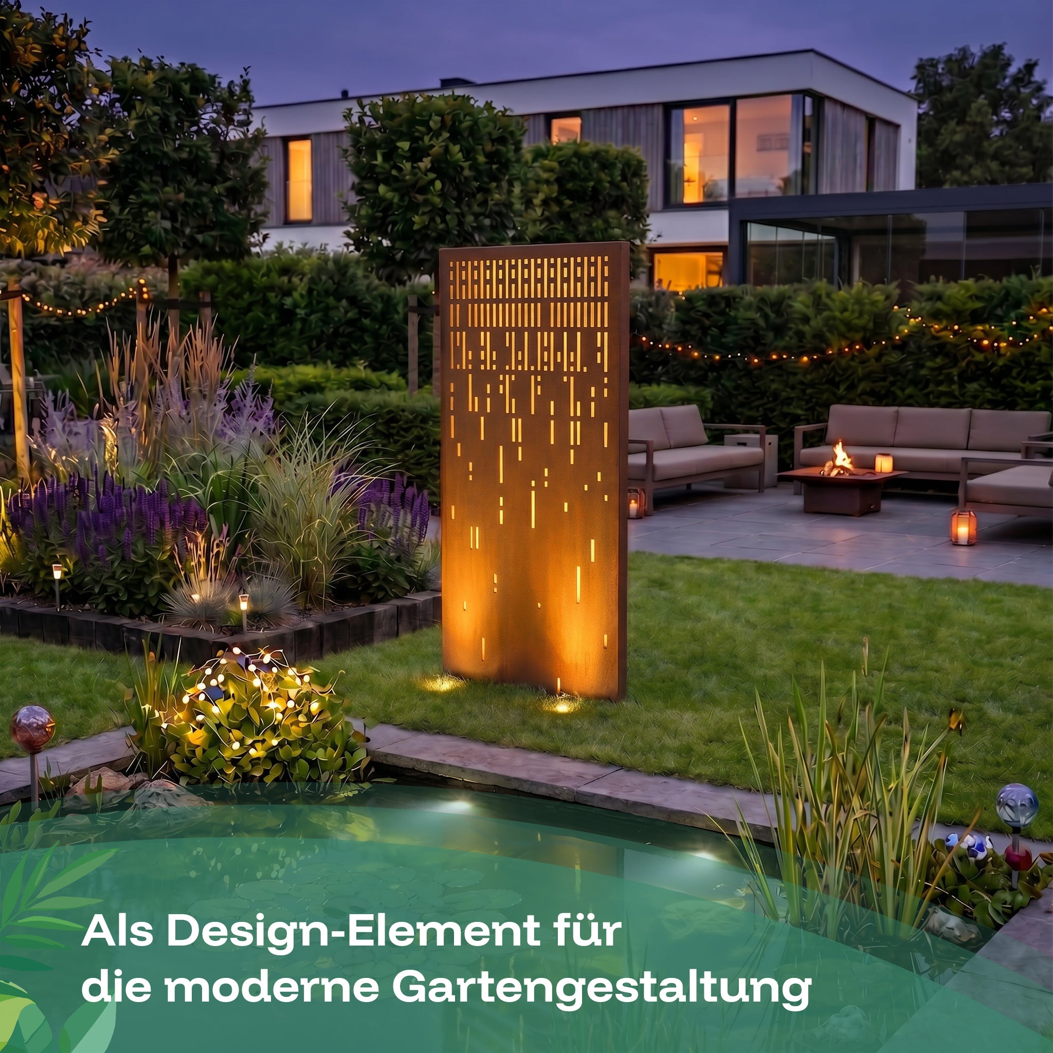 Der Sichtschutzzaun Ritmo ist ein Corten-Panel als Design-Element für die moderne Gartengestaltung.
