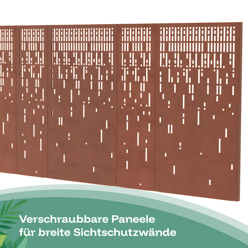 Die Corten-Paneele mit Linienmuster lassen sich verschrauben, um breite Sichtschutzwände für den Garten zu erstellen.