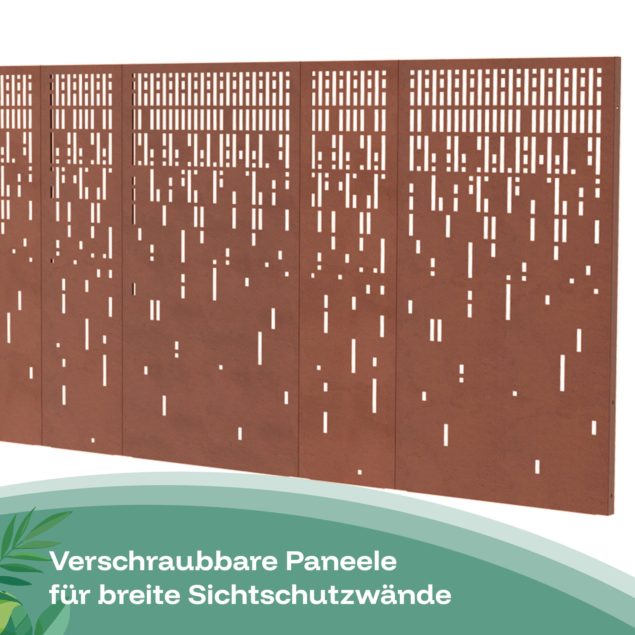 Die Corten-Paneele mit Linienmuster lassen sich verschrauben, um breite Sichtschutzwände für den Garten zu erstellen.