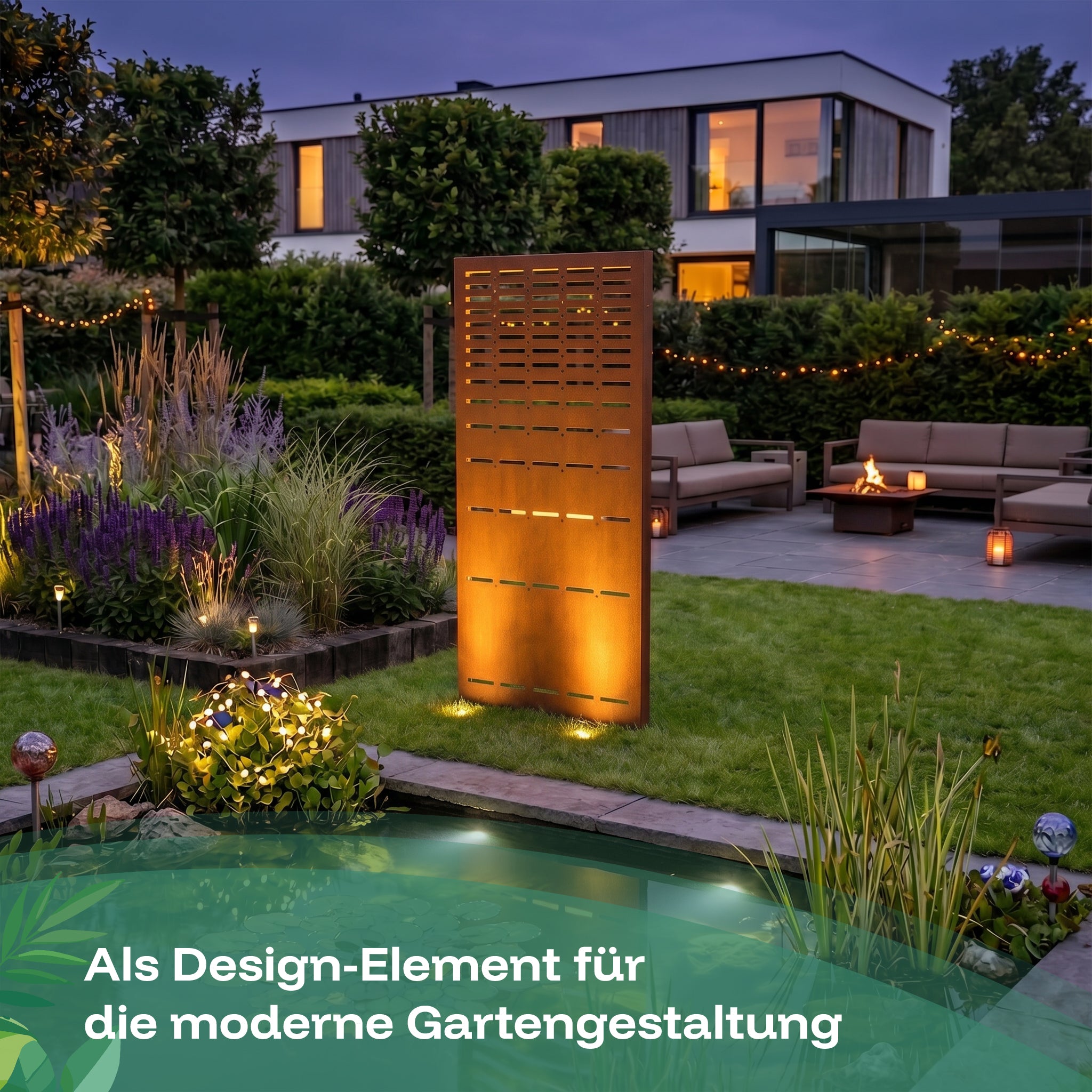 Das Corten-Panel mit Linienmuster ist ein Design-Element für moderne Gärten.