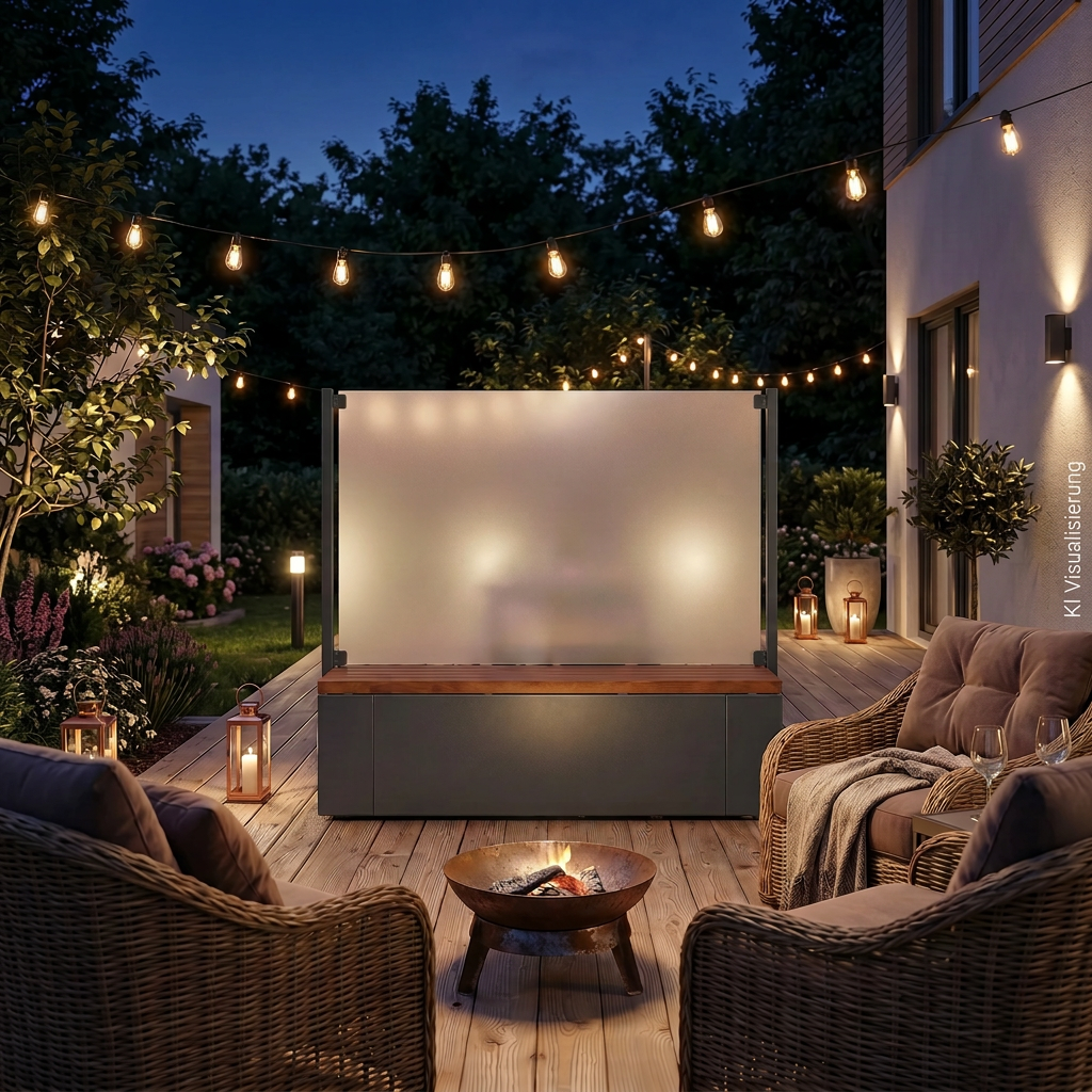 Sichtschutz mit Sitzbank aus Aluminium für einen gemütlichen Abend auf der modernen Terrasse