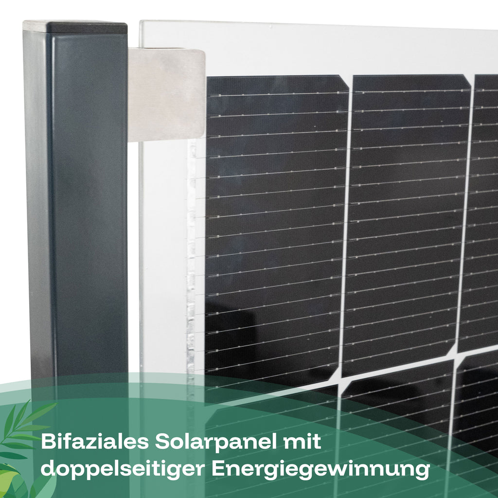 Bifaziales Solarpanel mit doppelseitiger Energiegewinnung am Solarpflanzkasten aus Aluminium