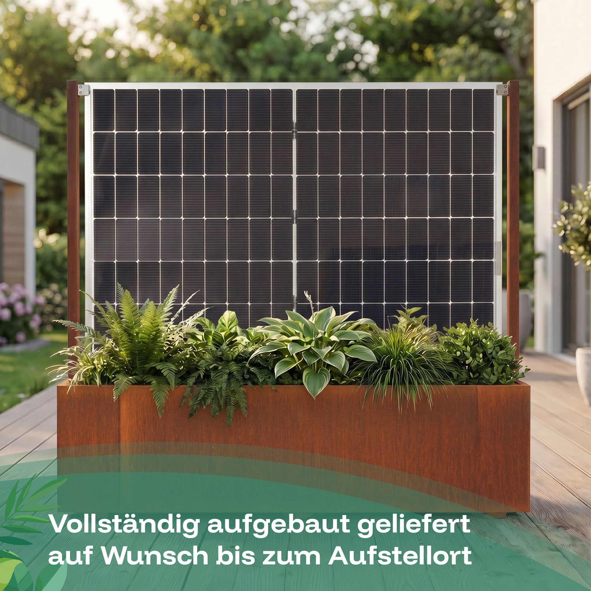 Der Sichtschutzpflanzkasten mit Balkonkraftwerk wird vollständig aufgebaut, geliefert und auf Wunsch auch bis zum Ausstellort.