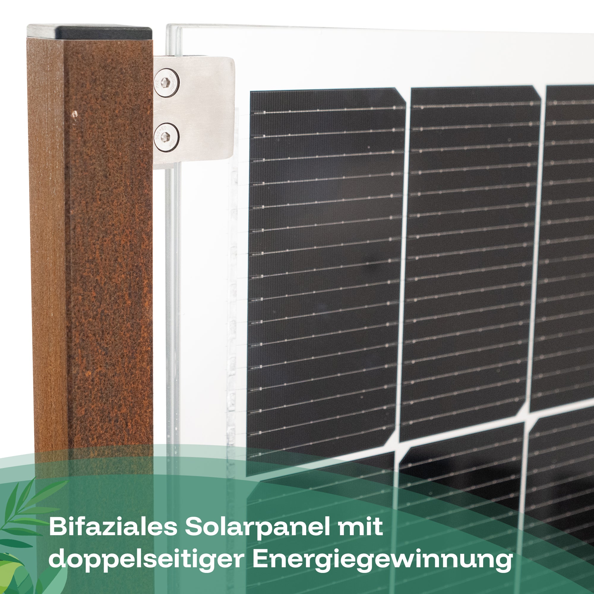 Der Solarpflanzkasten aus Corten hat ein bifaziales Solarpanel mit doppelseitiger Energiegewinnung.