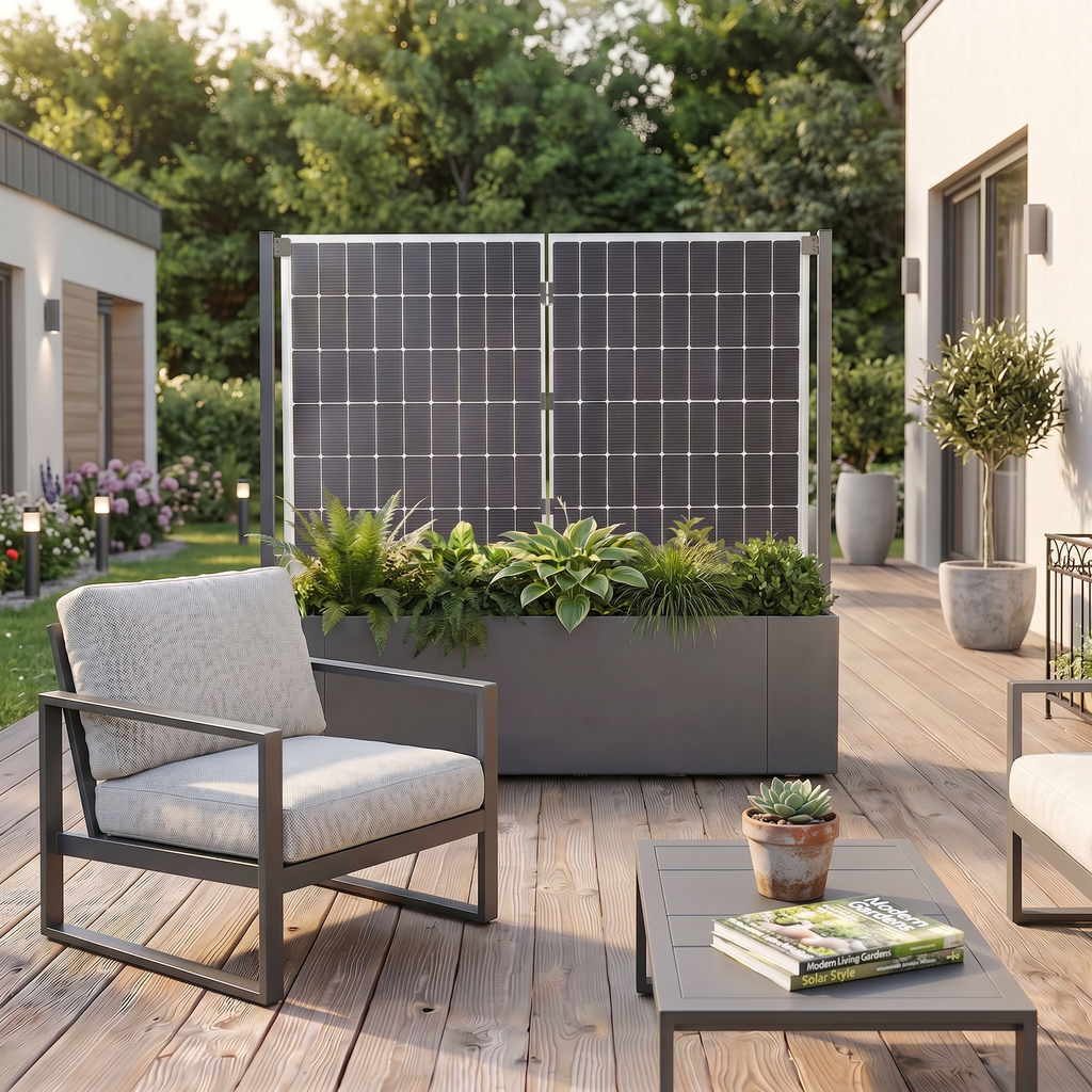 Balkonkraftwerk kombiniert mit Pflanzkasten aus Aluminium in Anthrazit auf einer modernen Terrasse als Sichtschutz-Element