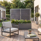 Balkonkraftwerk kombiniert mit Pflanzkasten aus Aluminium in Anthrazit auf einer modernen Terrasse als Sichtschutz-Element