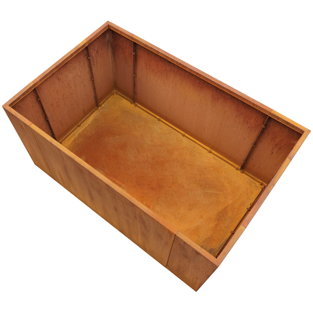 Rechteckiger Pflanzkasten aus Cortenstahl von innen mit Edelrost