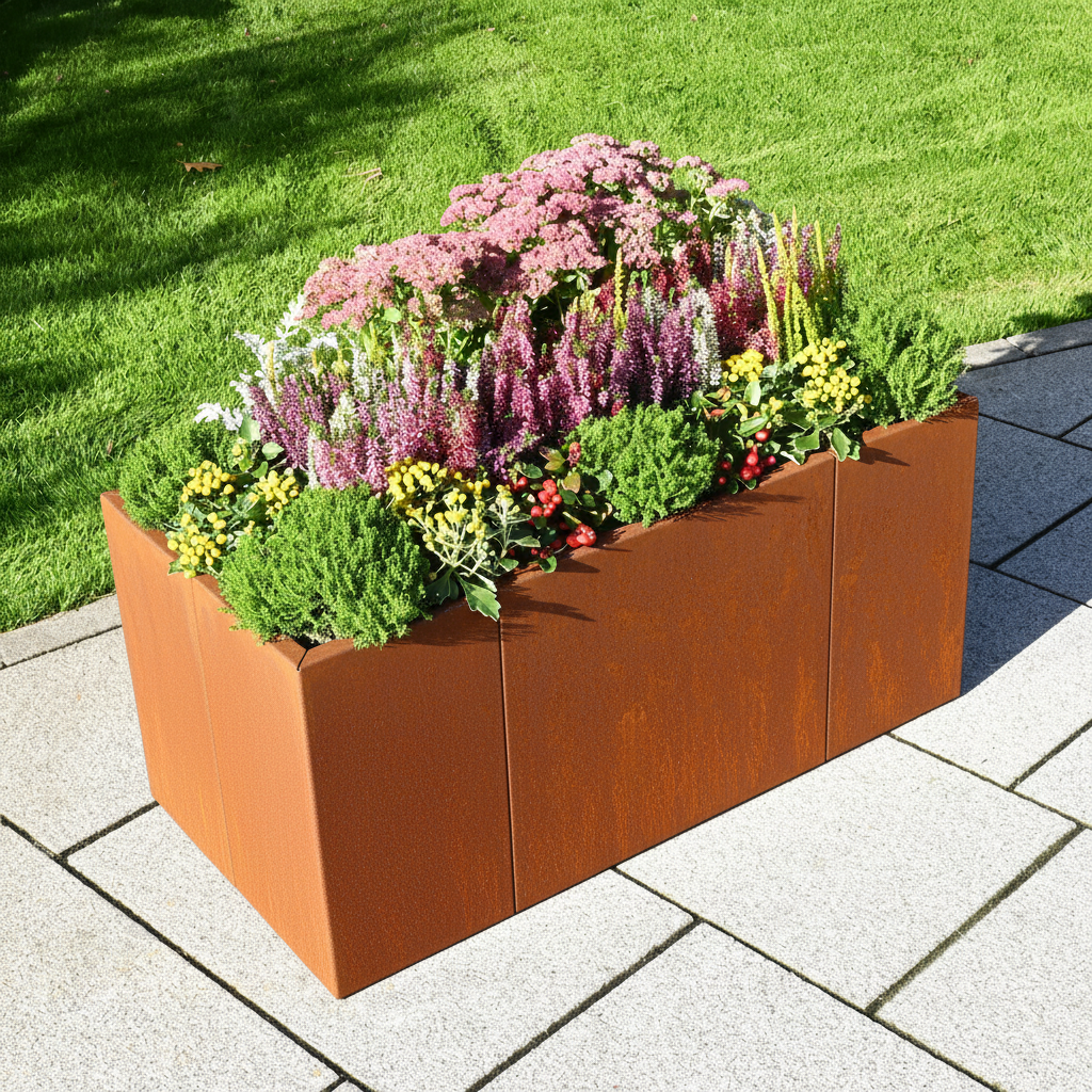 Corten Pflanzkasten Modular auf der Terrasse mit bunten Pflanzen