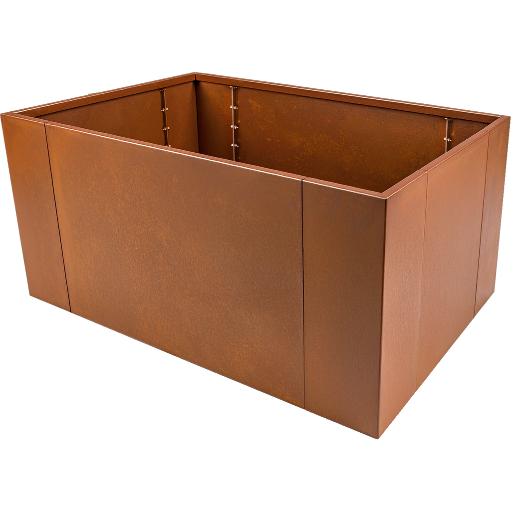 Modularer Pflanzkasten aus Cortenstahl mit Edelrost in rechteckiger Konfiguration