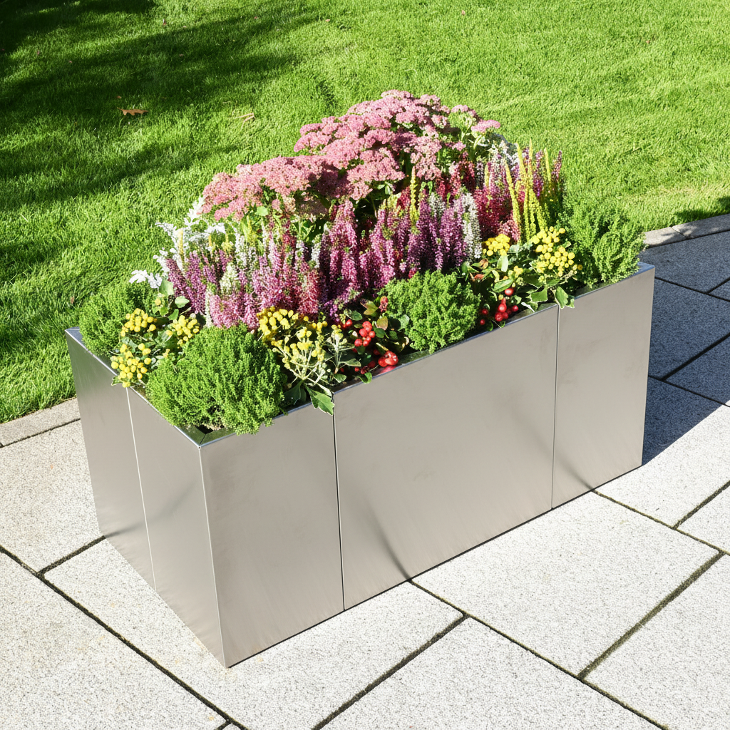Glänzender Edelstahl Pflanzkasten Modular im Garten