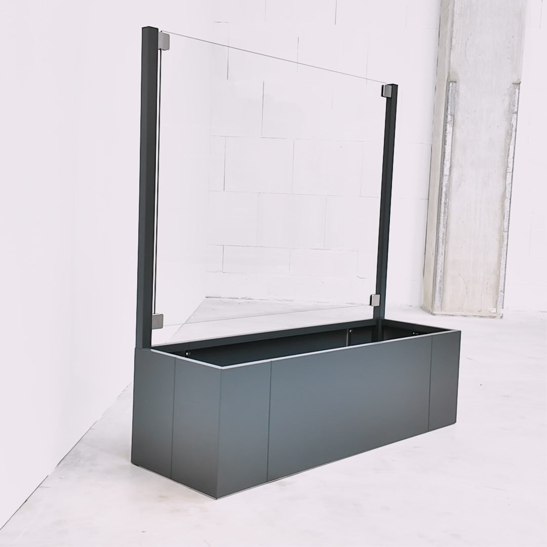 Sichtschutz Pflanzkasten in anthrazit aus Aluminium direkt aus unserer Produktion mit Details von innen und außen