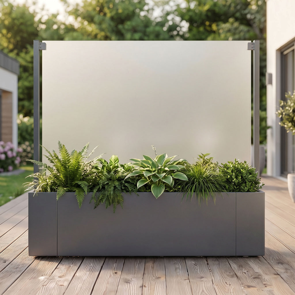 Sichtschutz Pflanzkasten Ventus mit Glaswand mittig (Aluminium)