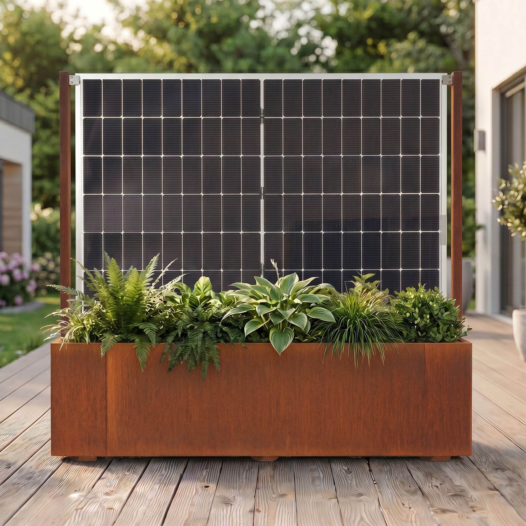 Sichtschutz Pflanzkasten mit Solarpanel Modular Sol (Cortenstahl)
