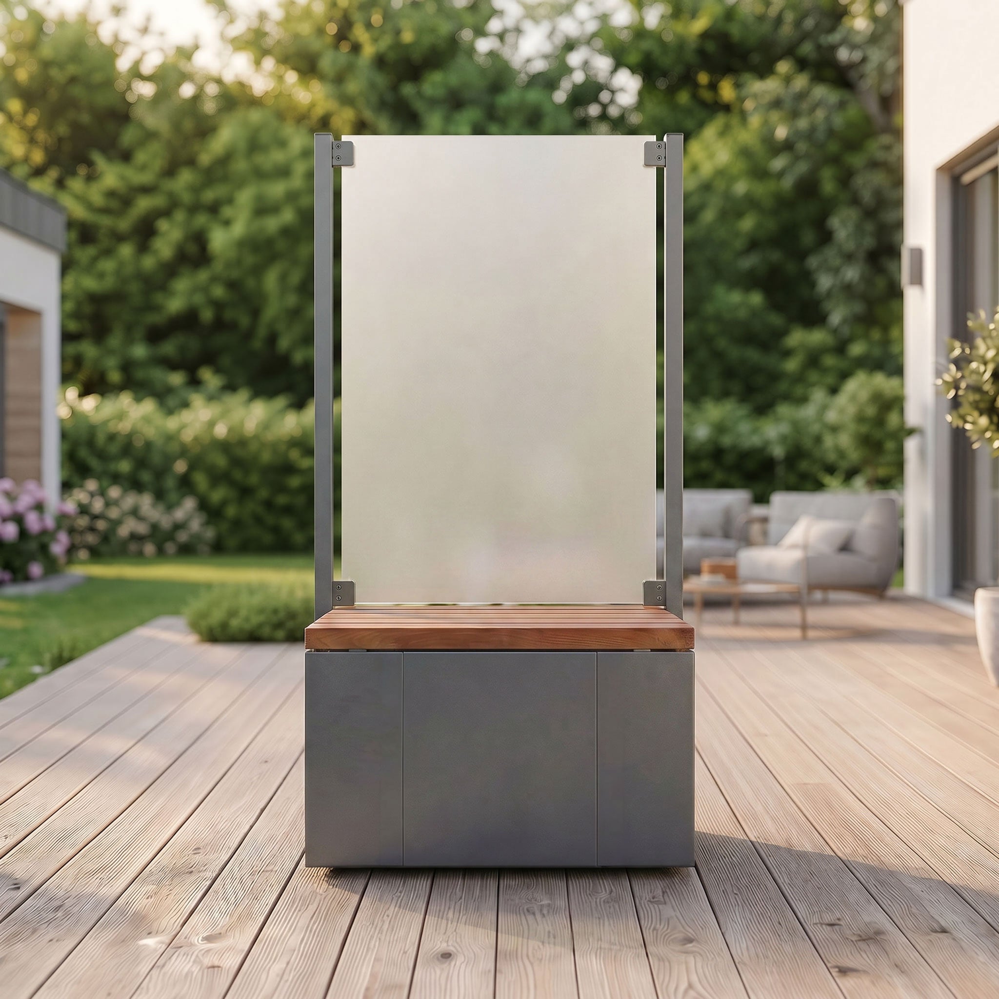 Aluminium Windschutz und Sichtschutz anthrazit mit Sitzbank aus Holz auf der Terrasse 88 cm schmal 145 cm hoch